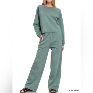 Fleece Raglan Sleeve Pullover & Sweatpants Set in Ash Jade